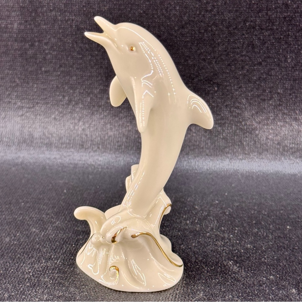 Lenox Dolphin Figurine 24K Gold Trim Porcelain on Waves 4”